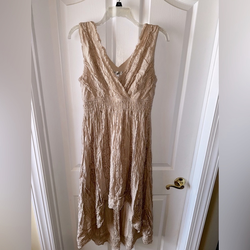 Dressbarn Tan Bohemian High Low Tiered Lace Sundress Size 8 - Picture 2 of 14